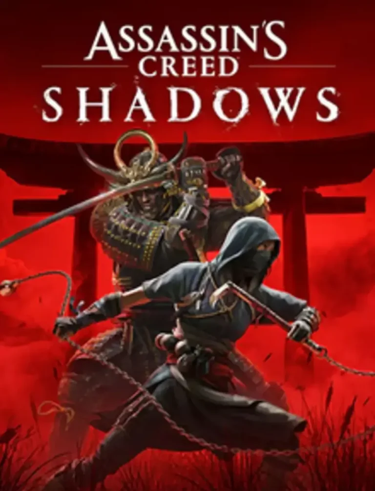 Guerrero samurái con katana en arte promocional rojo de Assassin’s Creed Shadows; videojuego de Ubisoft ambientado en Japón feudal