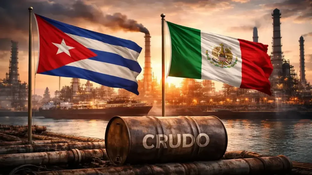 Banderas de Cuba y México frente a una refinería, representando los envíos de crudo y combustible entre ambos países.