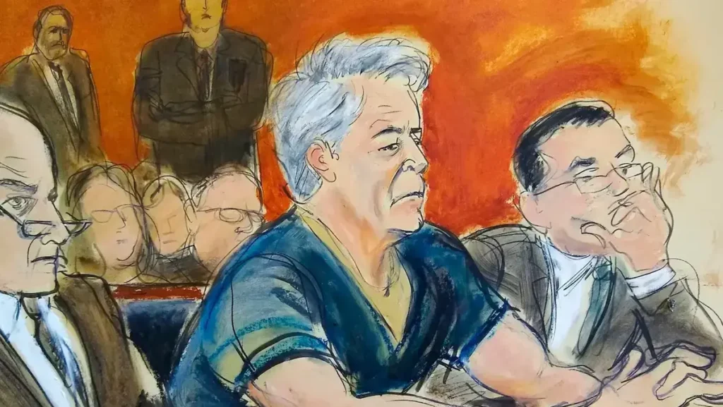 Ilustración judicial de Jeffrey Epstein sentado en una sala de audiencias durante un proceso legal en Estados Unidos.