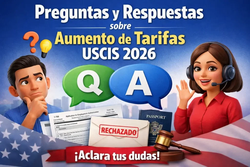 “Preguntas y Respuestas sobre Aumento de Tarifas USCIS 2026” con globos “Q” y “A”, dos personajes (uno confundido y otra con audífonos), y elementos de trámites migratorios con sello “RECHAZADO”.