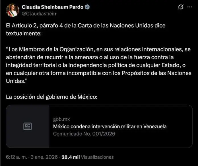 Captura de pantalla de publicación en X sobre el mensaje de Trump a México